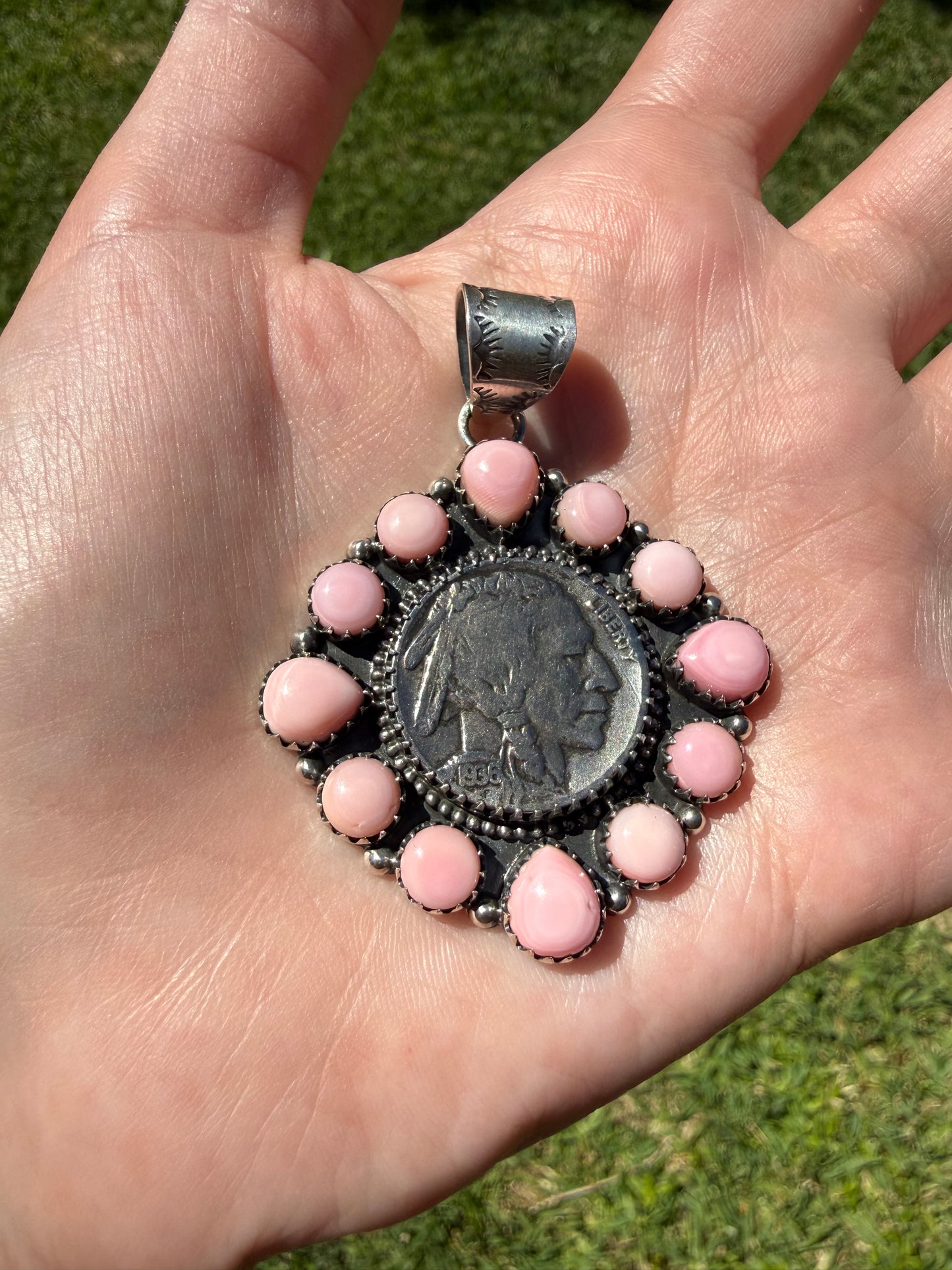 Kingman or Pink Conch Full Flower Coin Sterling Silver Pendant