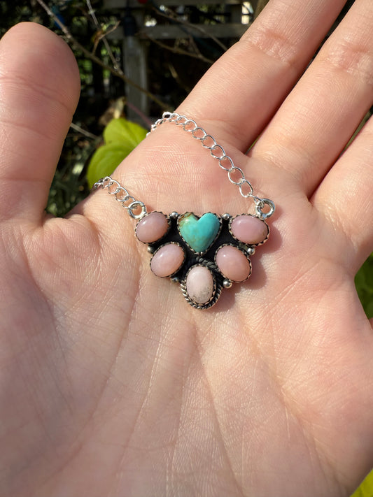 Turquoise and Pink Opal Heart Sterling Silver Necklace