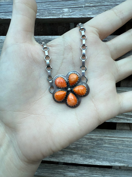 Orange Spiny Full Flower Choker Sterling Silver Necklace