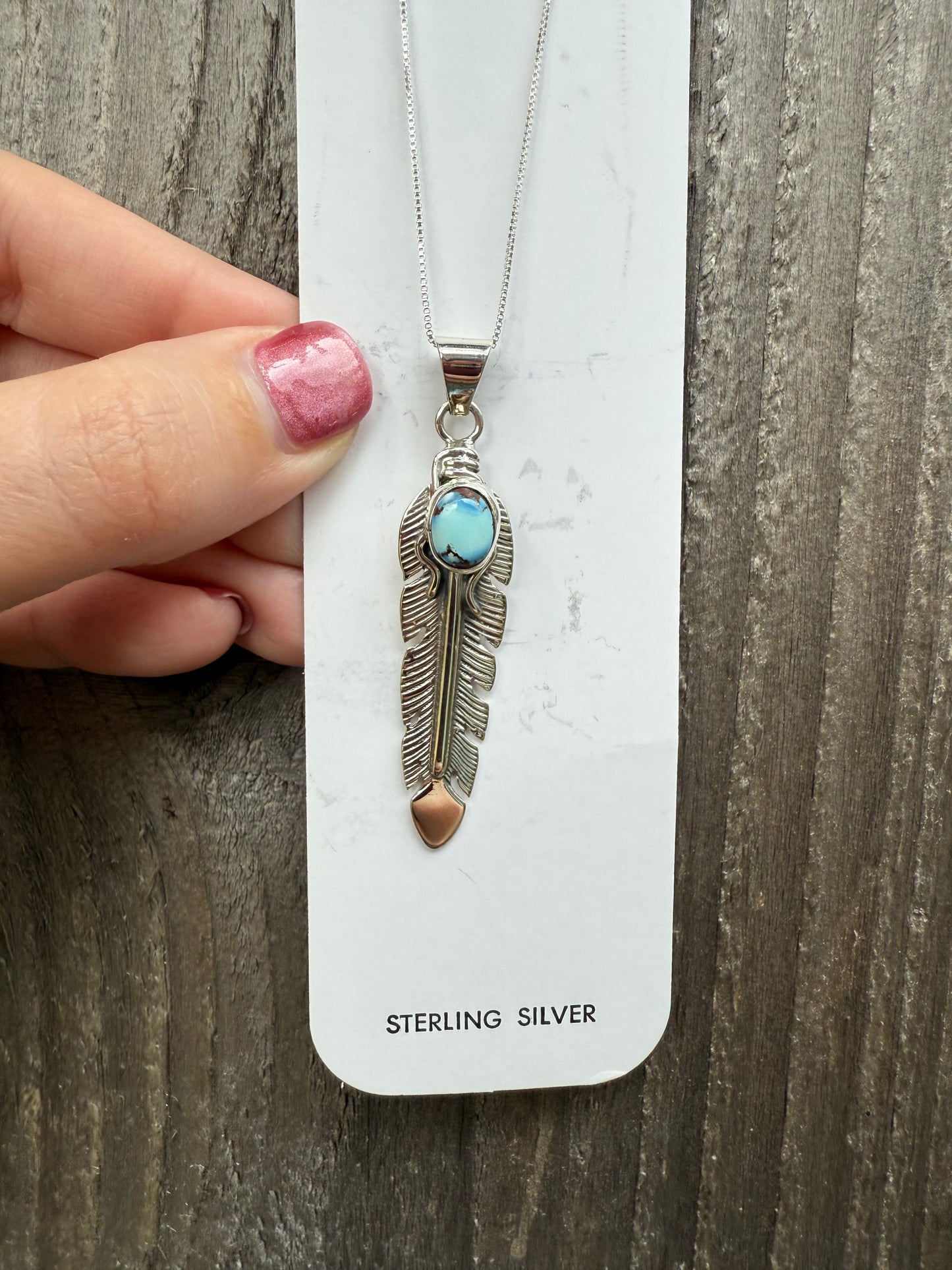 Native Golden Hills Turquoise Feather Sterling Silver Necklace