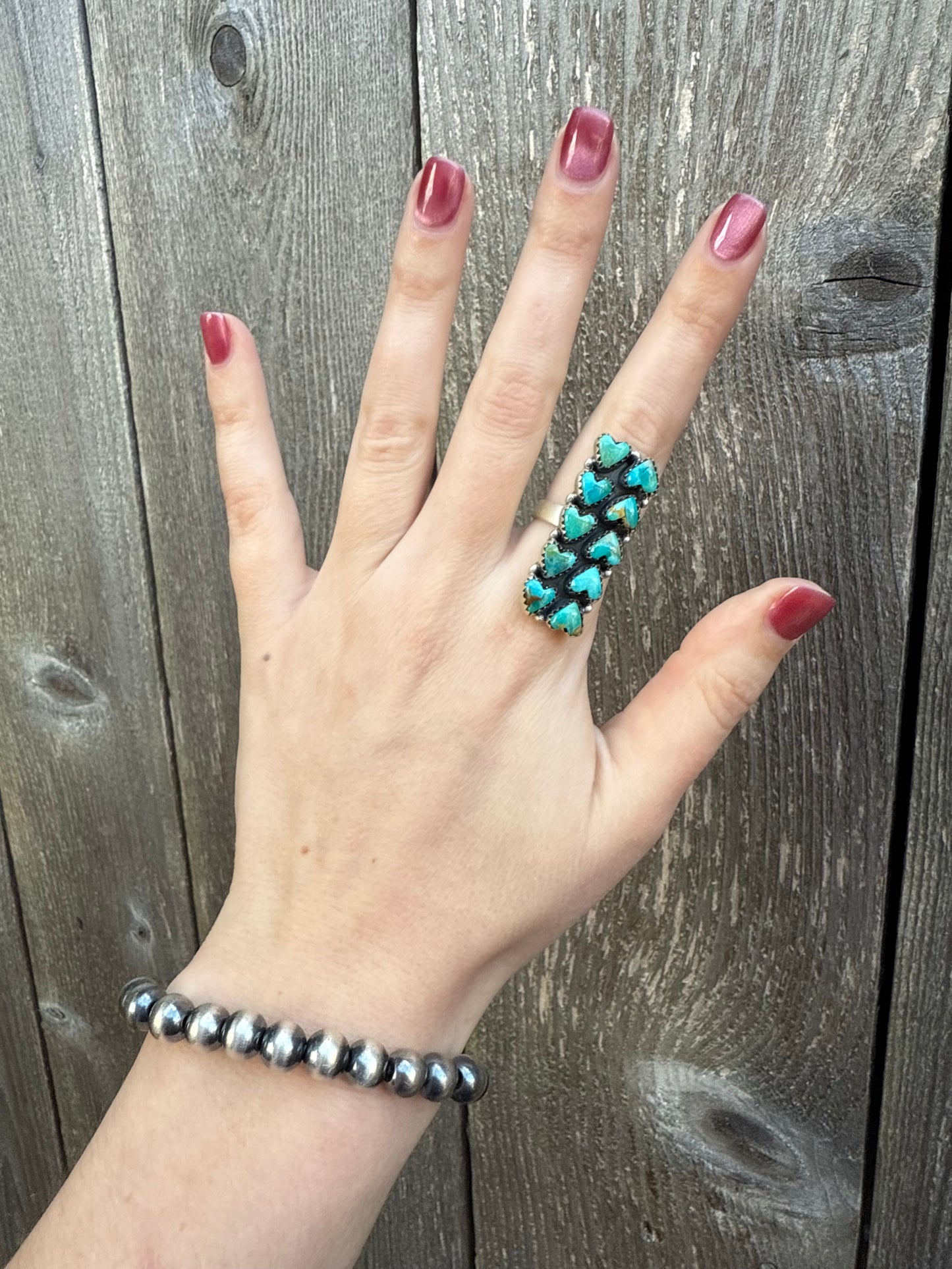 Kingman Turquoise Heart Bar Cluster Sterling Silver Ring