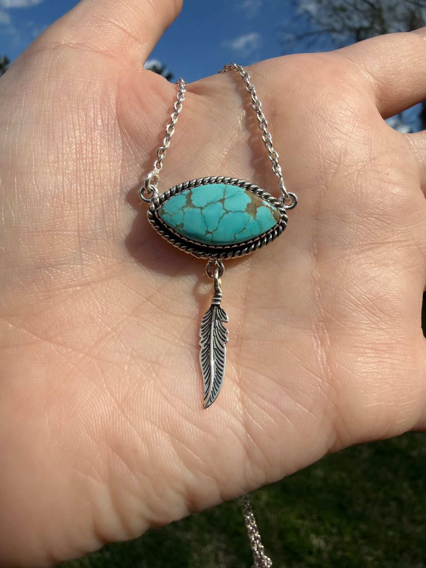 Mine 8 Turquoise With Feather Sterling Silver Necklace