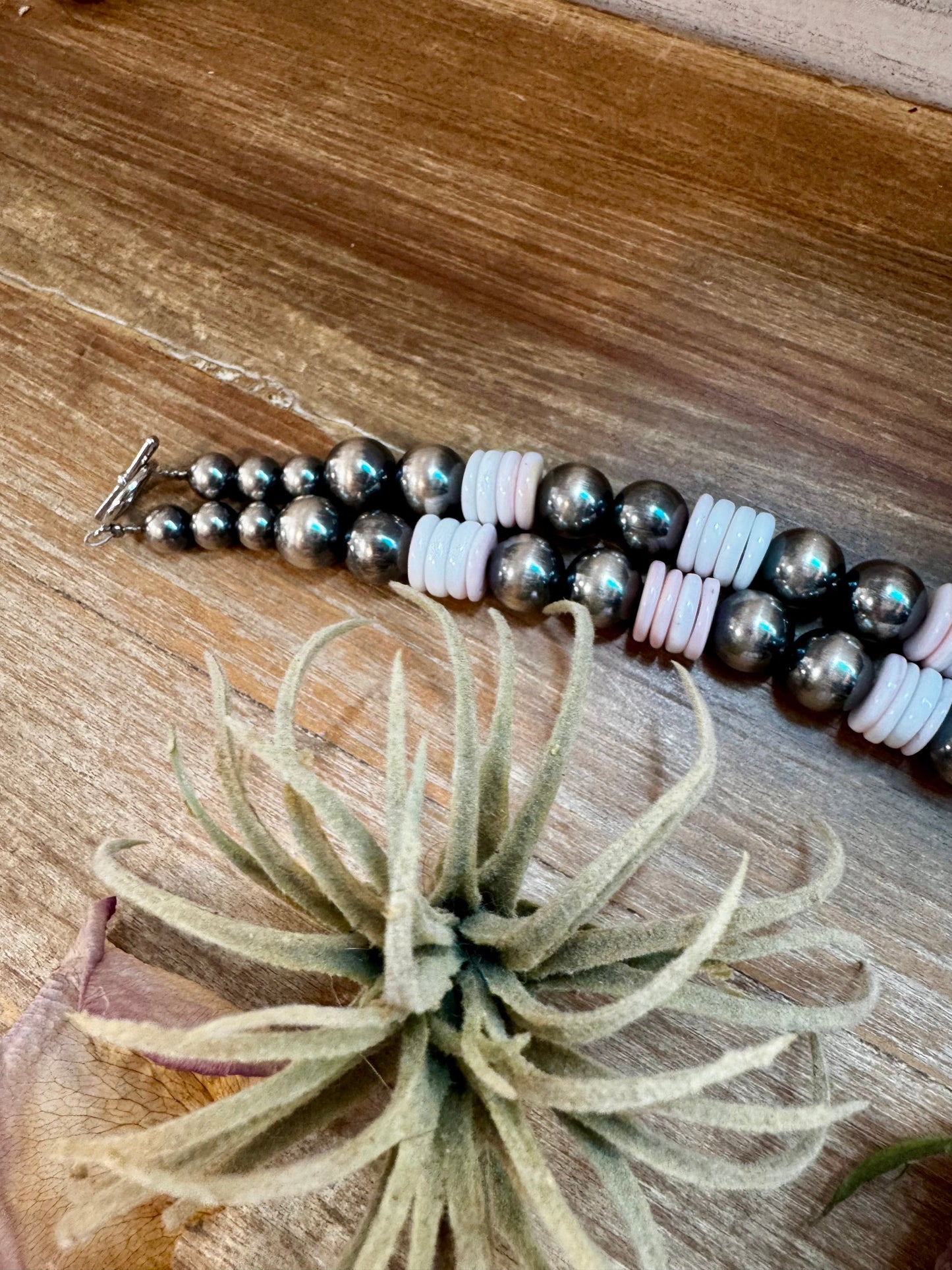 NFR Collection Necklace – 12mm Sterling Silver Pearls with 10mm Pink Conch Rondelles – Handmade by The Bijoux FAB – 30"