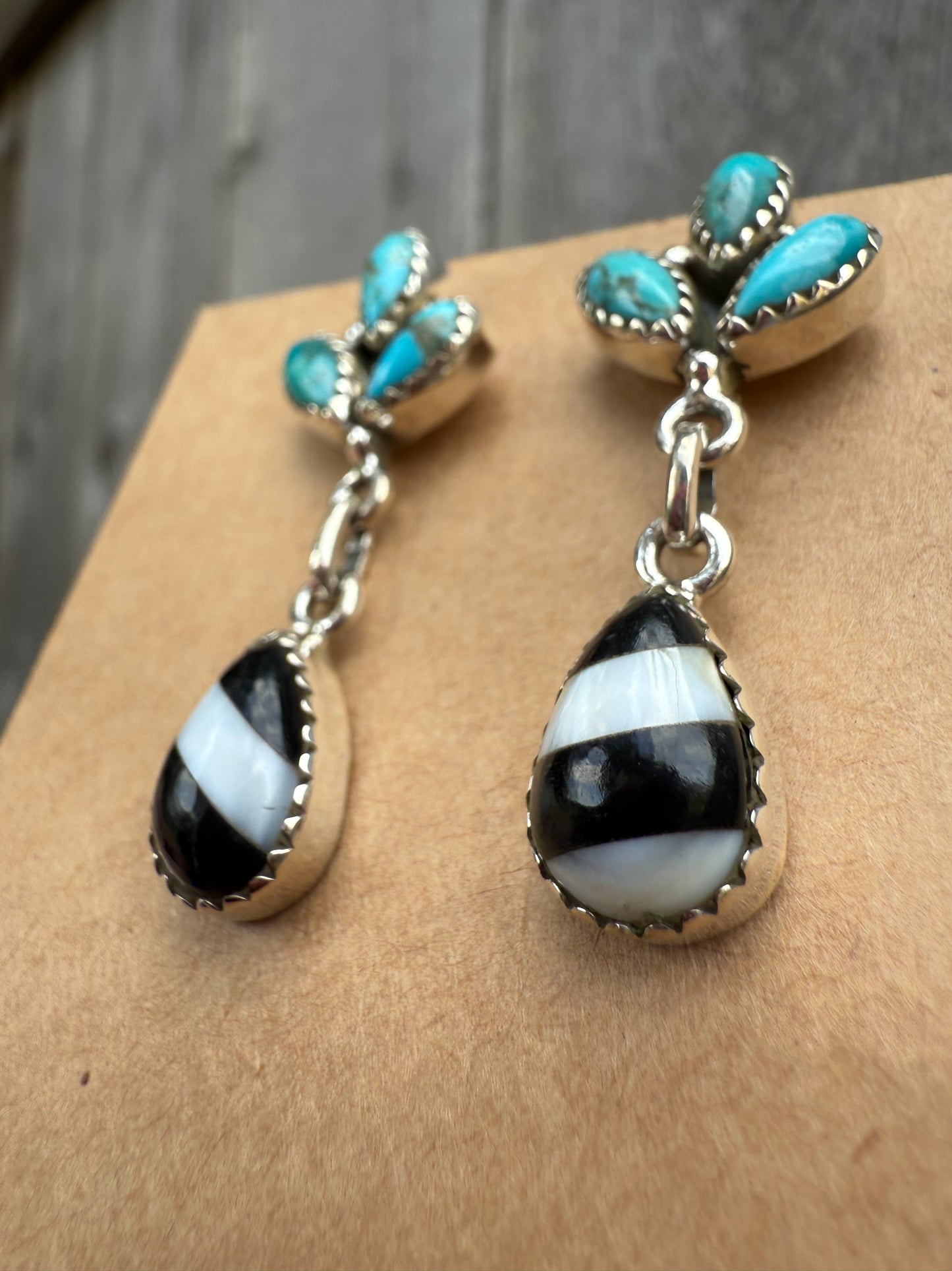 Turquoise with Black And White Strip Dangle 925 Earrings