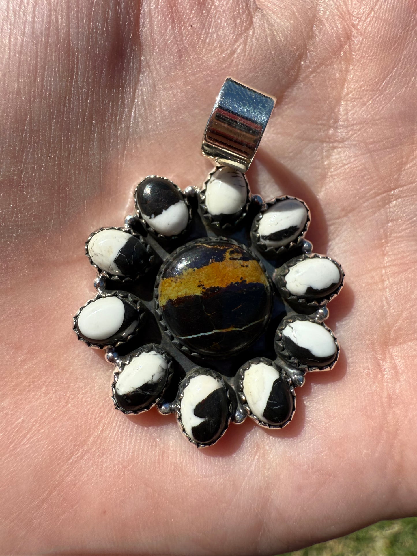 Blackjack And White Buffalo Full Flower Cluster Sterling Silver Pendant