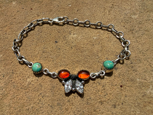 Amber, Turquoise, and CZ Crystal Sterling Silver Bow Bracelet