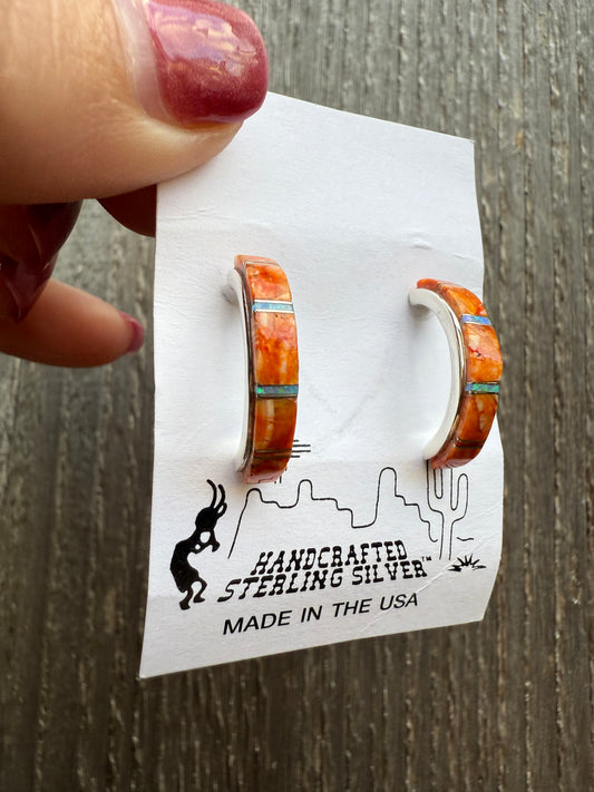 Orange Spiny and Opal Inlay Half Sterling Silver Hoop Earrings