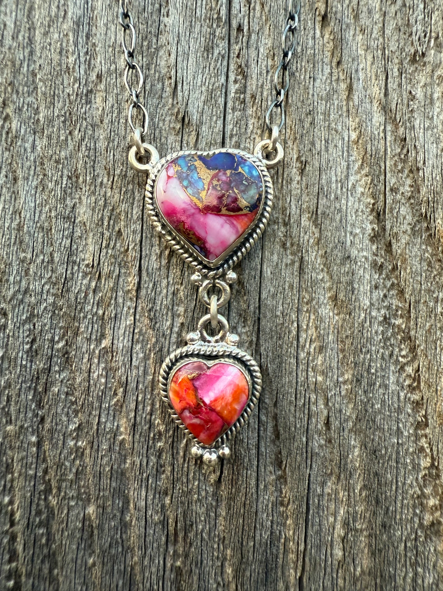 Pink Dahlia Heart Pendant Necklace with Pink and Orange Stones 925 Sterling Silver