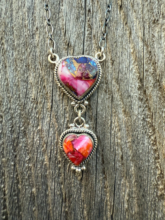 Pink Dahlia Heart Pendant Necklace with Pink and Orange Stones 925 Sterling Silver