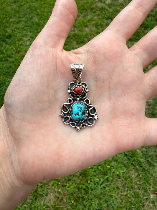 Navajo Coral And Turquoise Sterling Silver Pendant