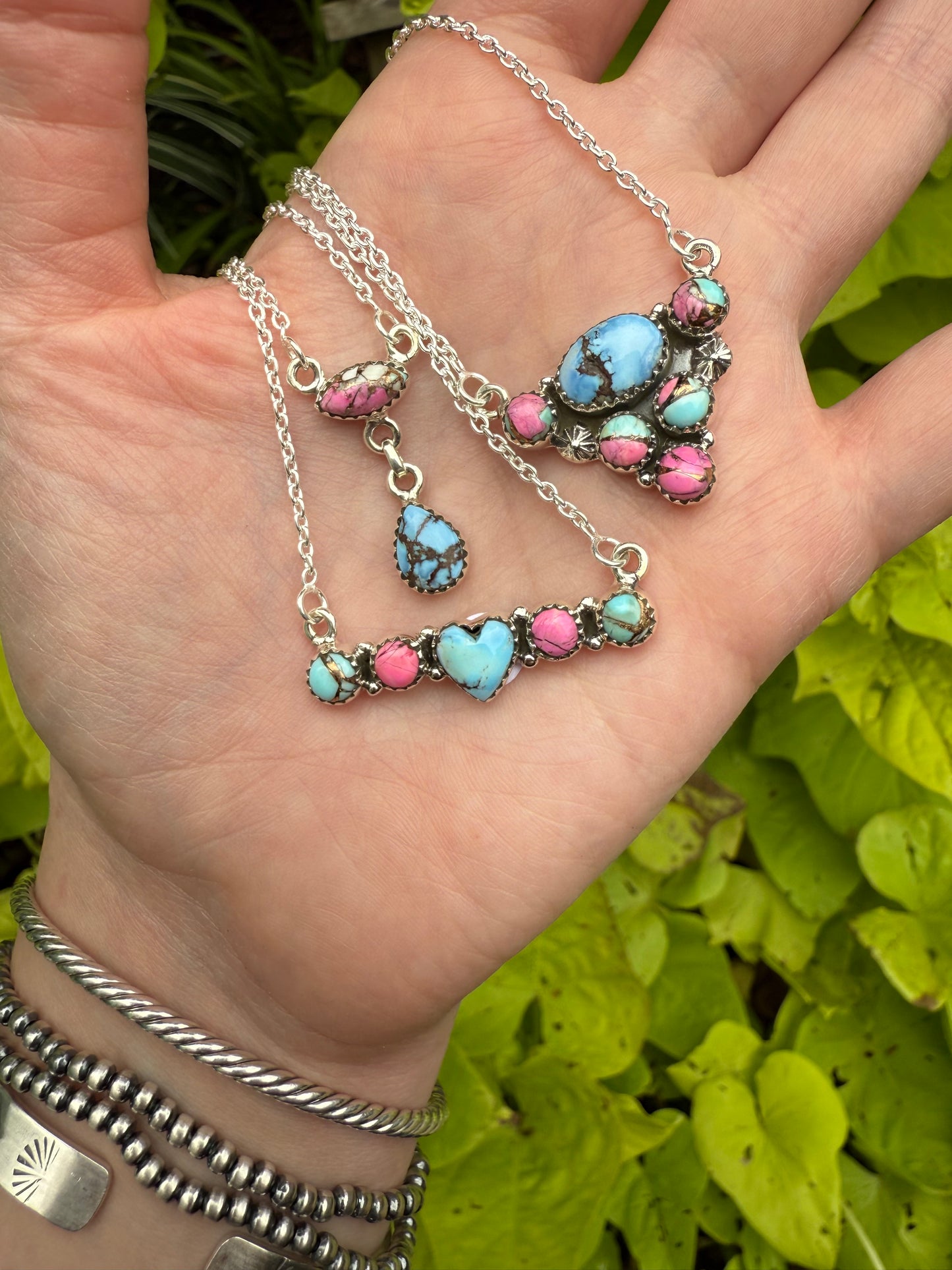 Cotton Candy And Golden Hills TurquoiseHeart Sterling Silver Bar Necklace