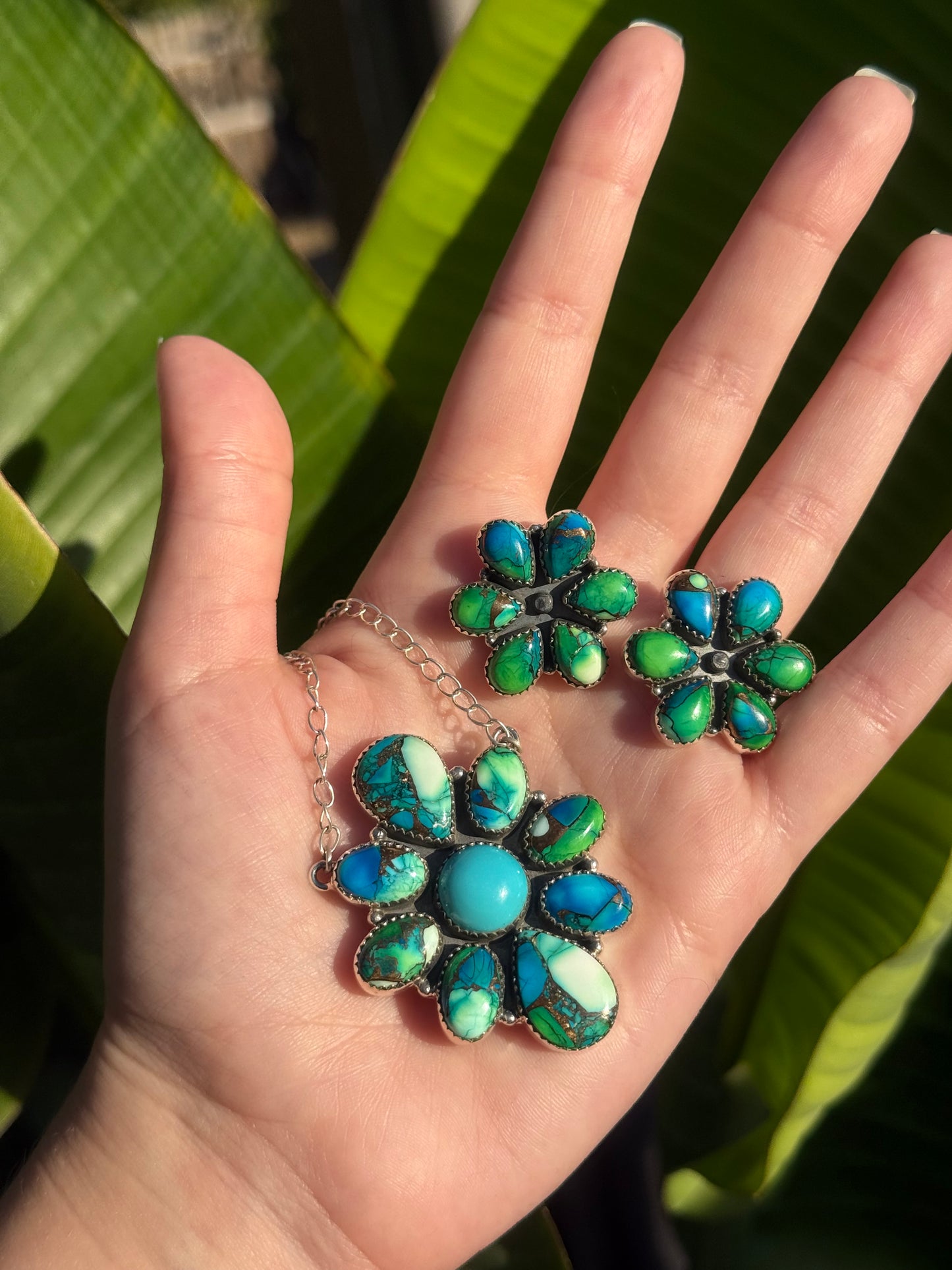 Peacock Dahlia Flower Green and Blue Sterling 925  Earrings