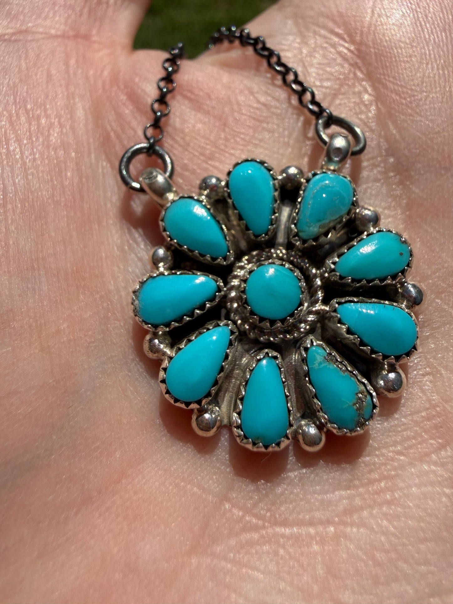 Zuni Turquoise Full Flower Cluster Sterling Silver Necklace