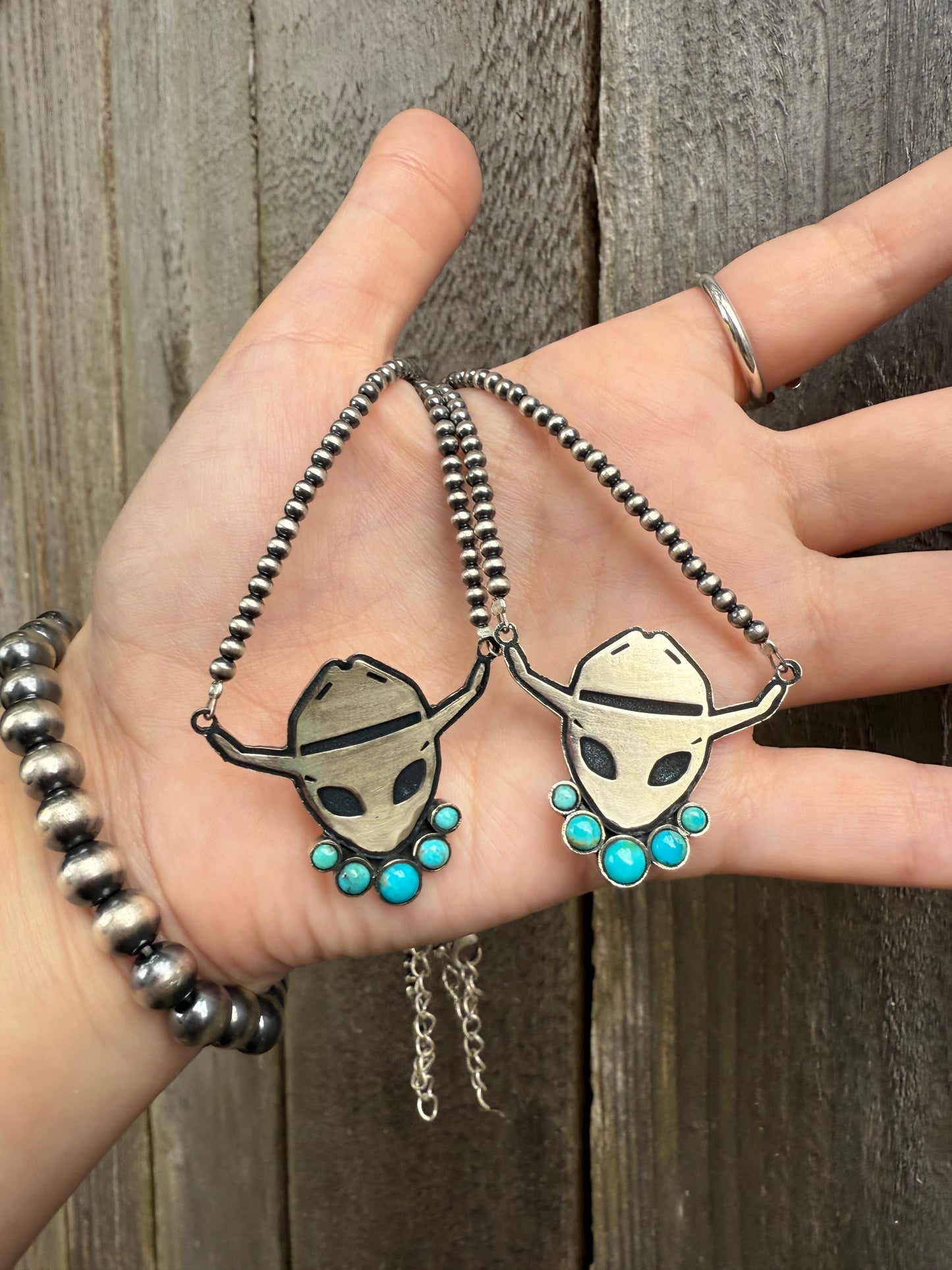 Alien Cowboy Turquoise Desert Pearl Sterling Silver Necklace