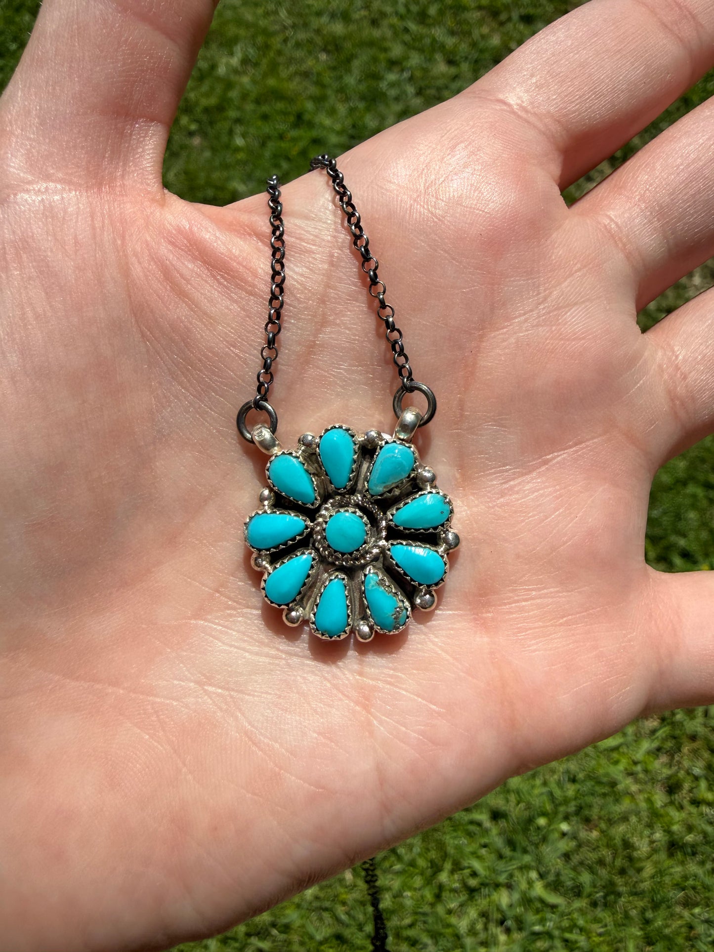 Zuni Turquoise Full Flower Cluster Sterling Silver Necklace