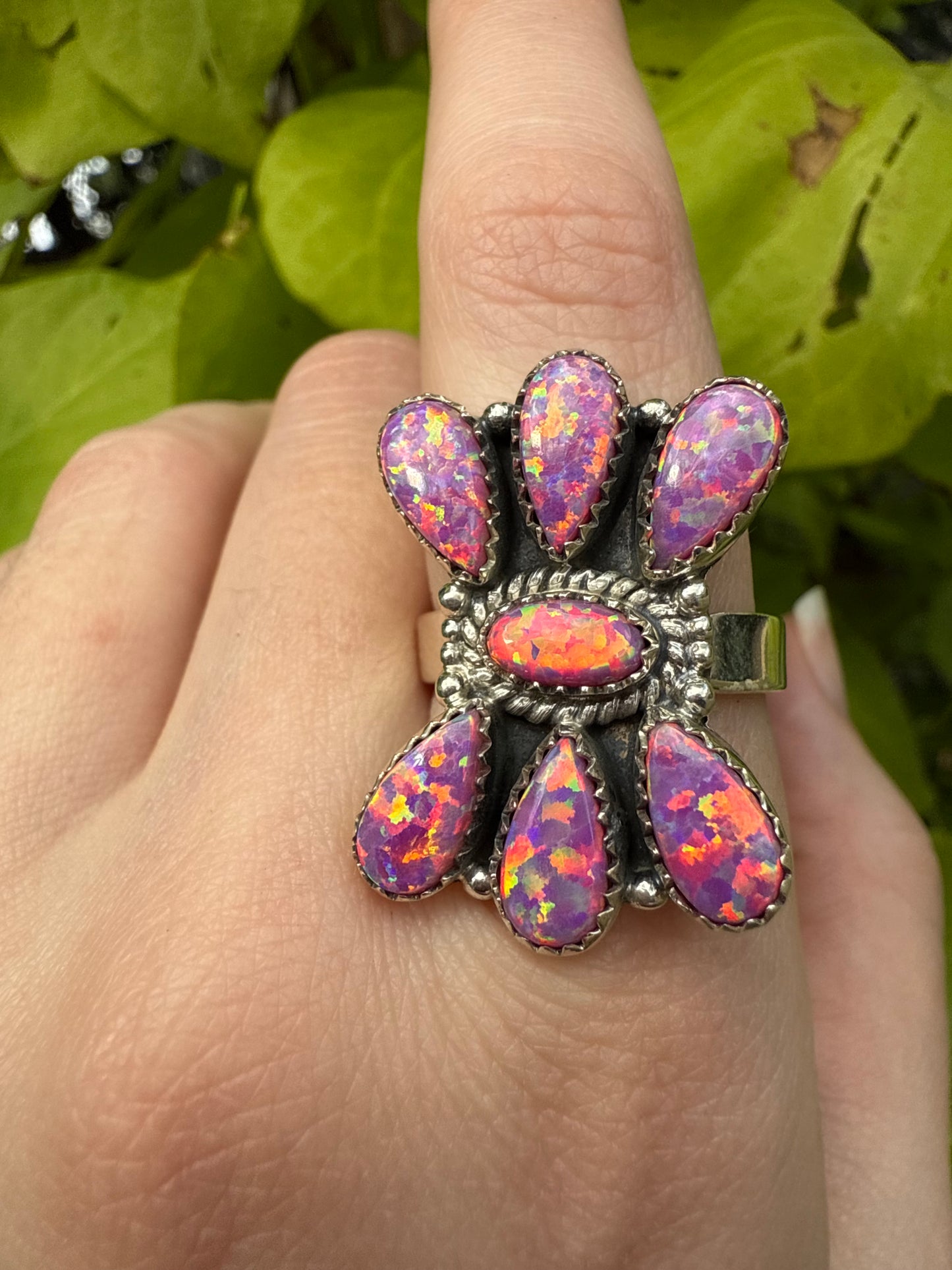 Hot Pink Balloon Opal Sterling Silver Adjustable Ring