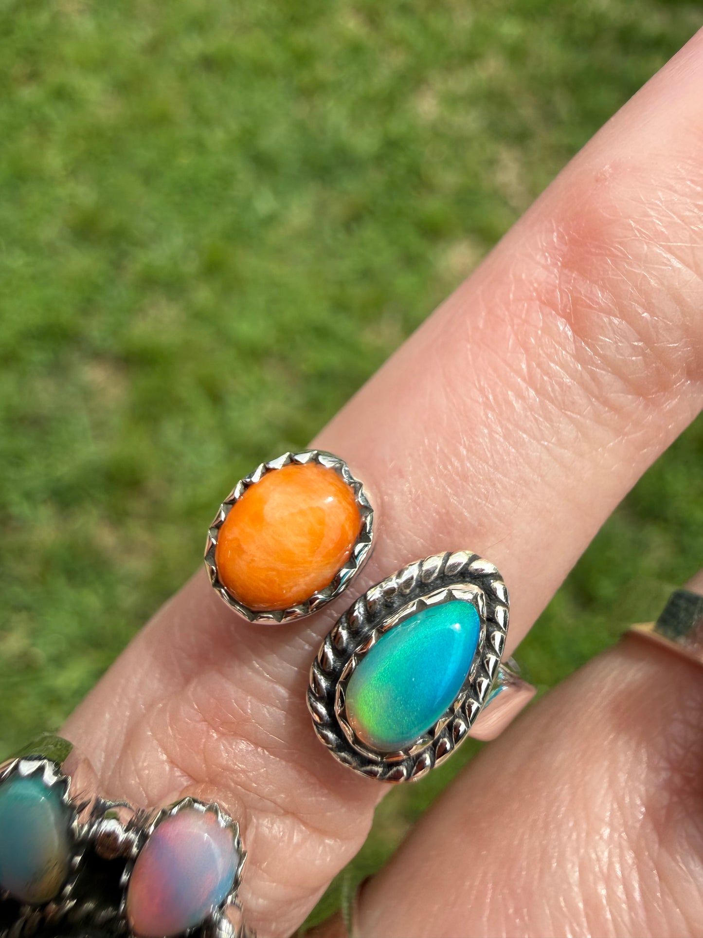 Orange Spiny and Balloon Opal Adjustable Sterling Silver Ring