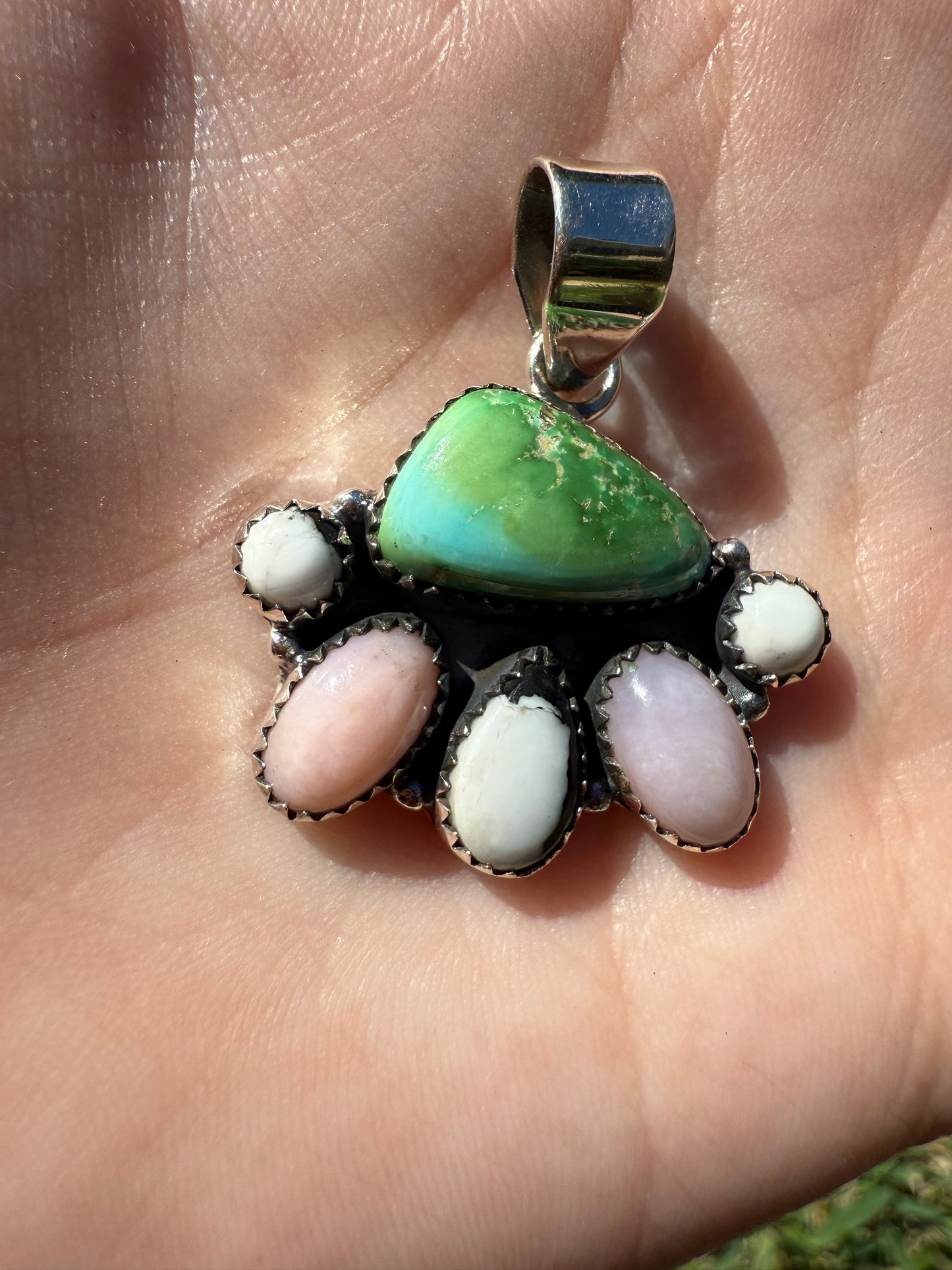 Sonoran Gold Turquoise, White Buffalo, Pink Opal Sterling Silver Pendant