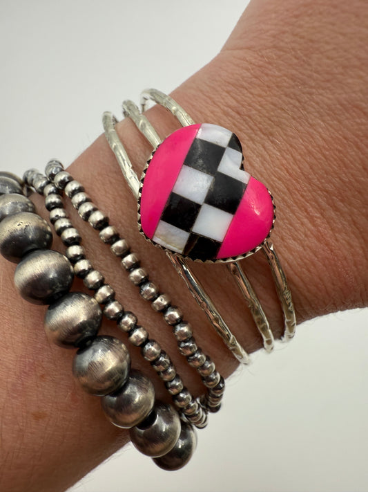 Checkered Heart Sterling Silver Cuff
