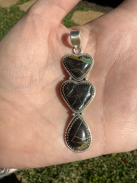 Blackjack Triple Stone Heart Sterling Silver Pendant