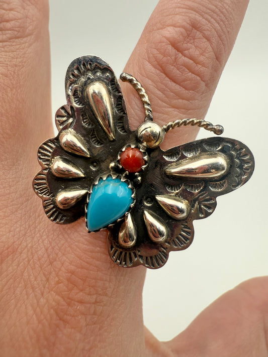 Kingman and Coral Butterfly Sterling Silver Handmade Ring - Size 8