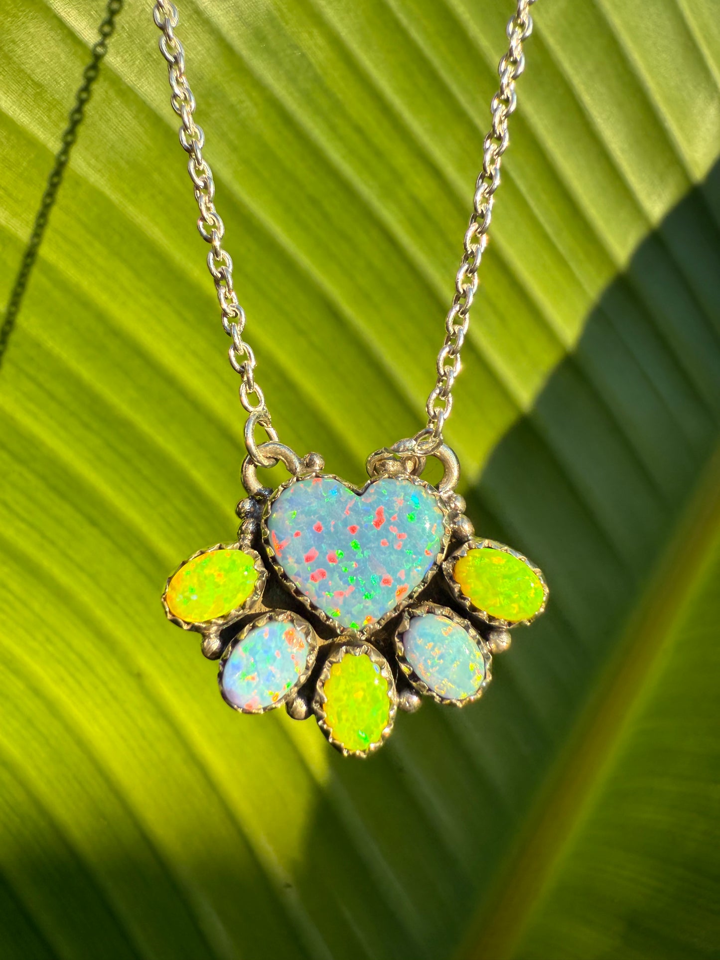 Neon Yellow Balloon Opal Heart Pendant Necklace with 925 Sterling Silver