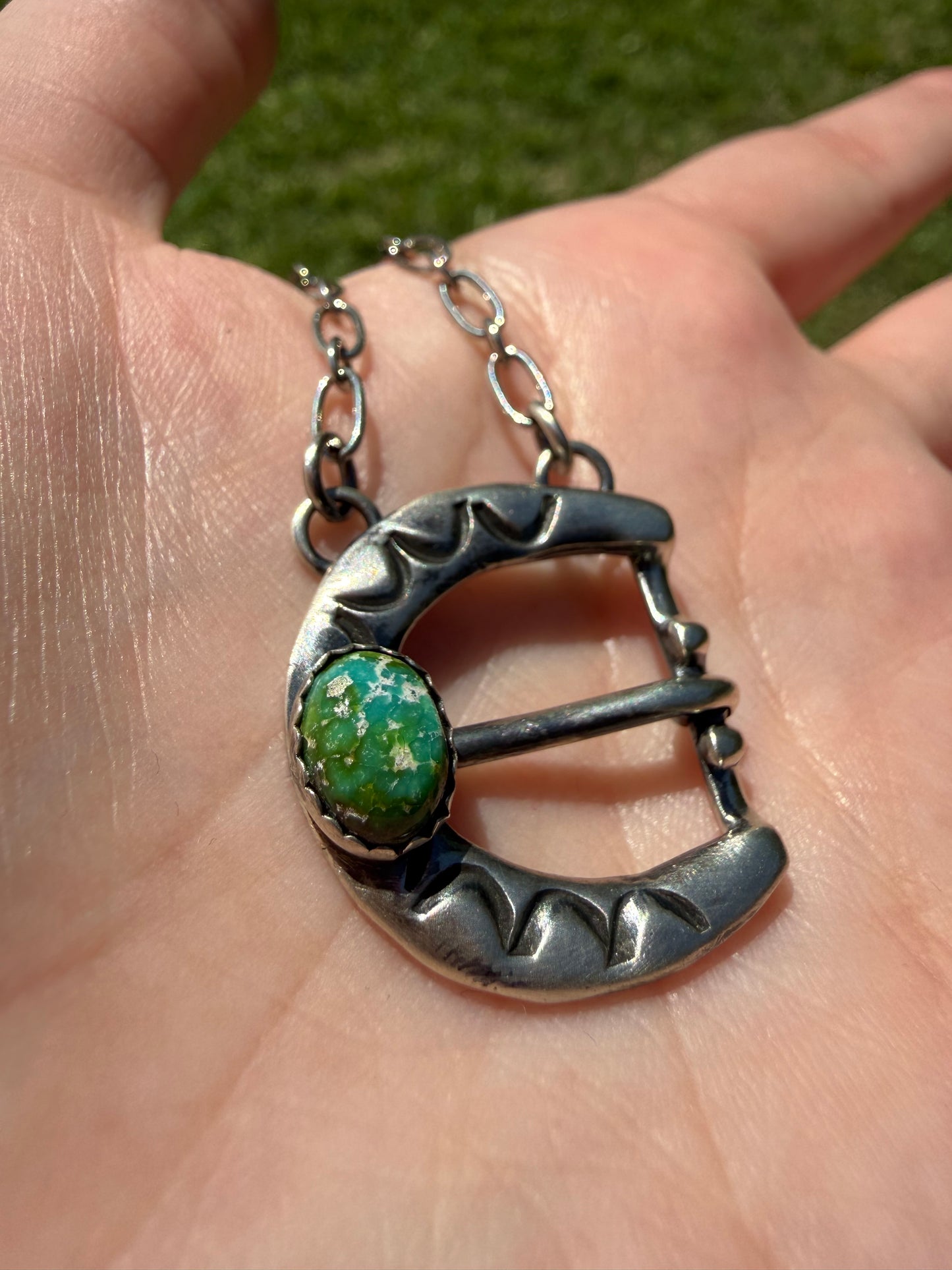 Navajo Sonoran Gold Turquoise Sterling Silver Belt Buckle Necklace