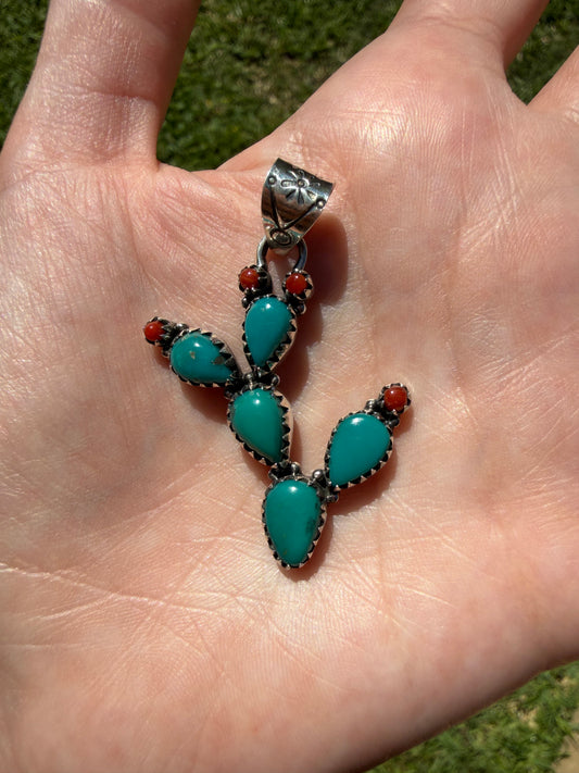 Kingman Turquoise and Coral Sterling Silver Pendant