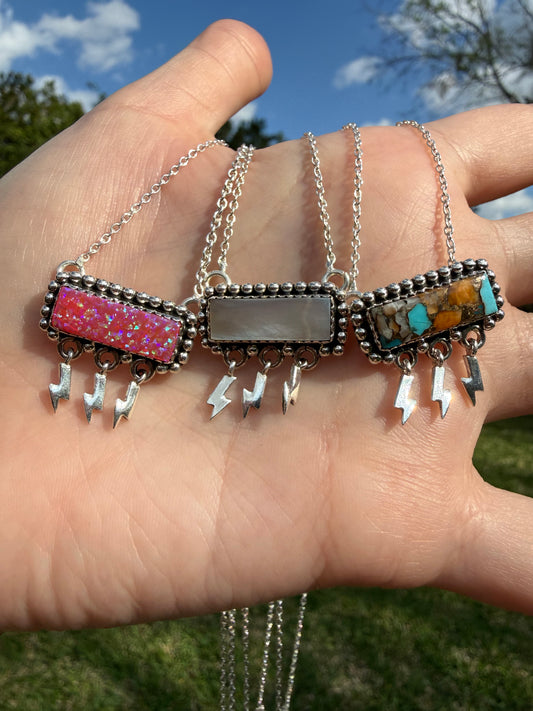Lightening Bolt Triple Dangle Bar Sterling Silver Gemstone Necklace