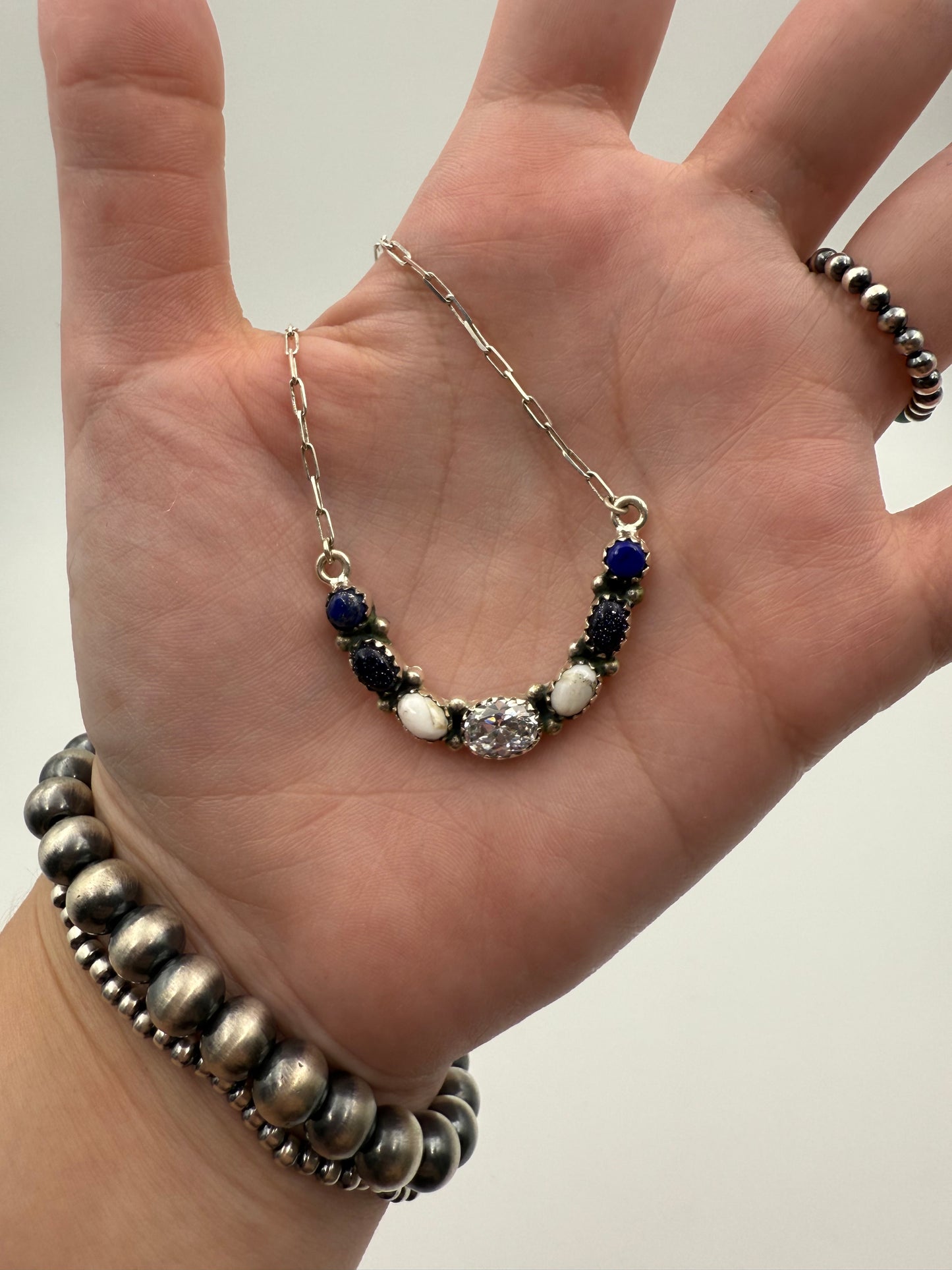 Blue Lapis, White Buffalo, Blue Goldstone and CZ Crystal Horseshoe Paperclip Chain Necklace