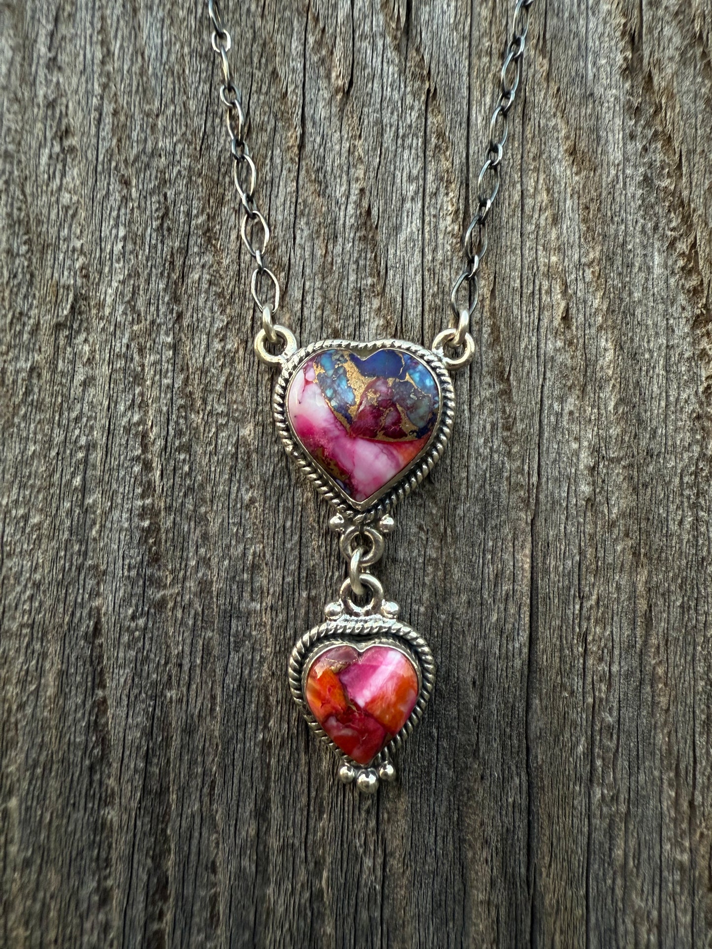 Pink Dahlia Heart Pendant Necklace with Pink and Orange Stones 925 Sterling Silver