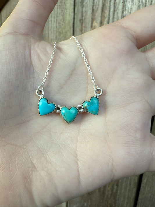 Turquoise Triple Heart Bar Sterling Silver Necklace