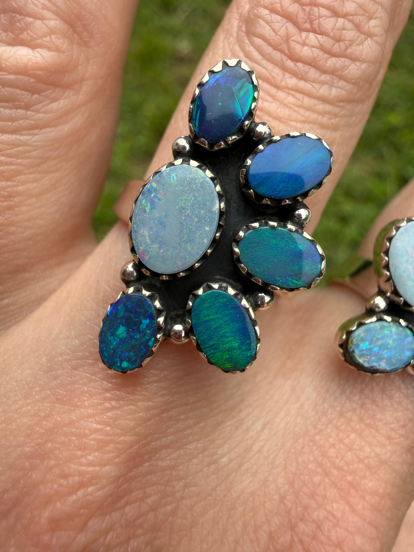 Australian Opal Cute Cluster Sterling Silver Adjustable Rings