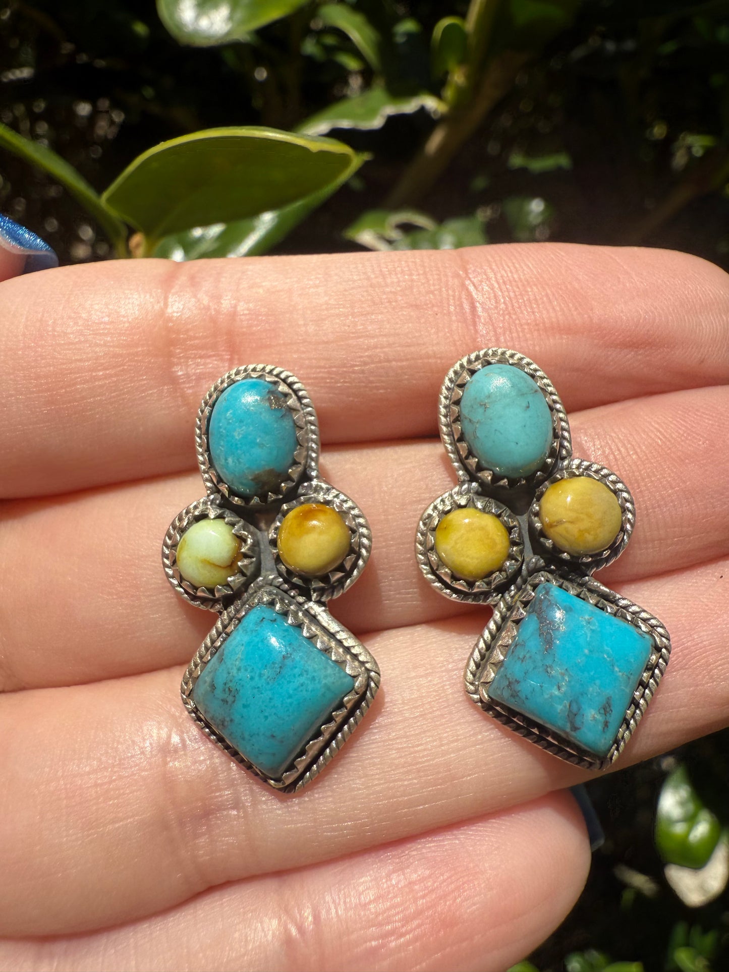 Palomino and Kingman Turquoise Sterling Silver Cluster Diamond Earrings