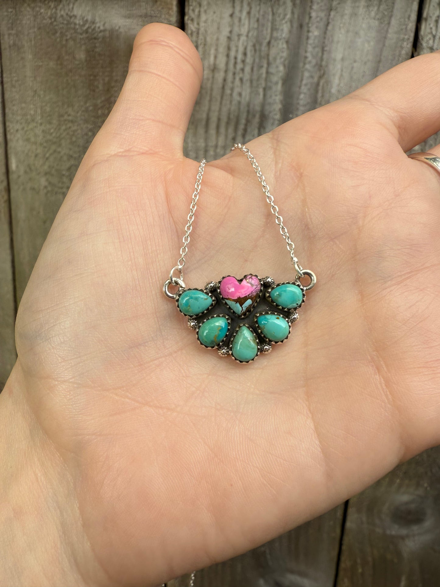Cotton Candy And Kingman Turquoise Heart Half Flower Sterling Silver Necklace