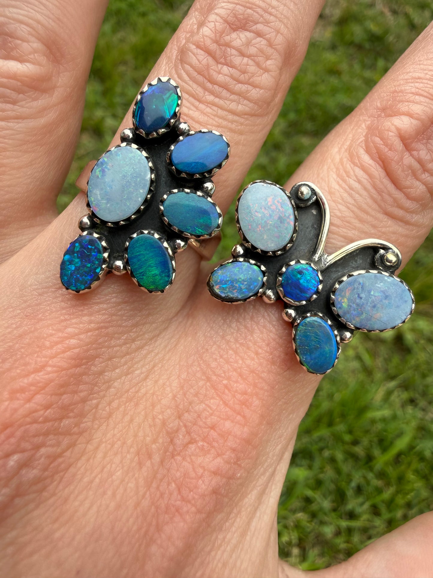 Australian Opal Cute Cluster Sterling Silver Adjustable Rings