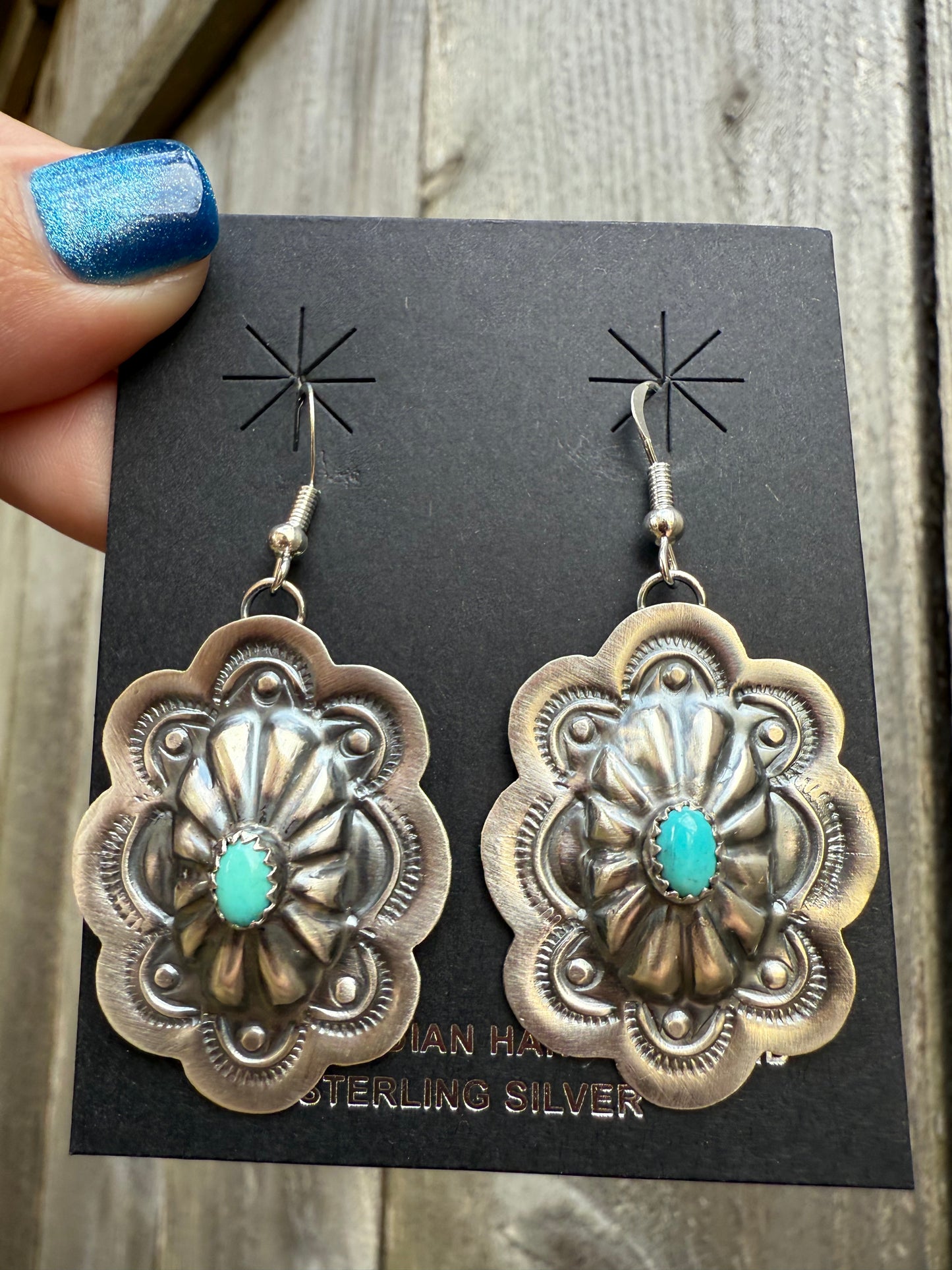 Navajo Turquoise Statement Concho Sterling Silver Earrings By Lavina Benally