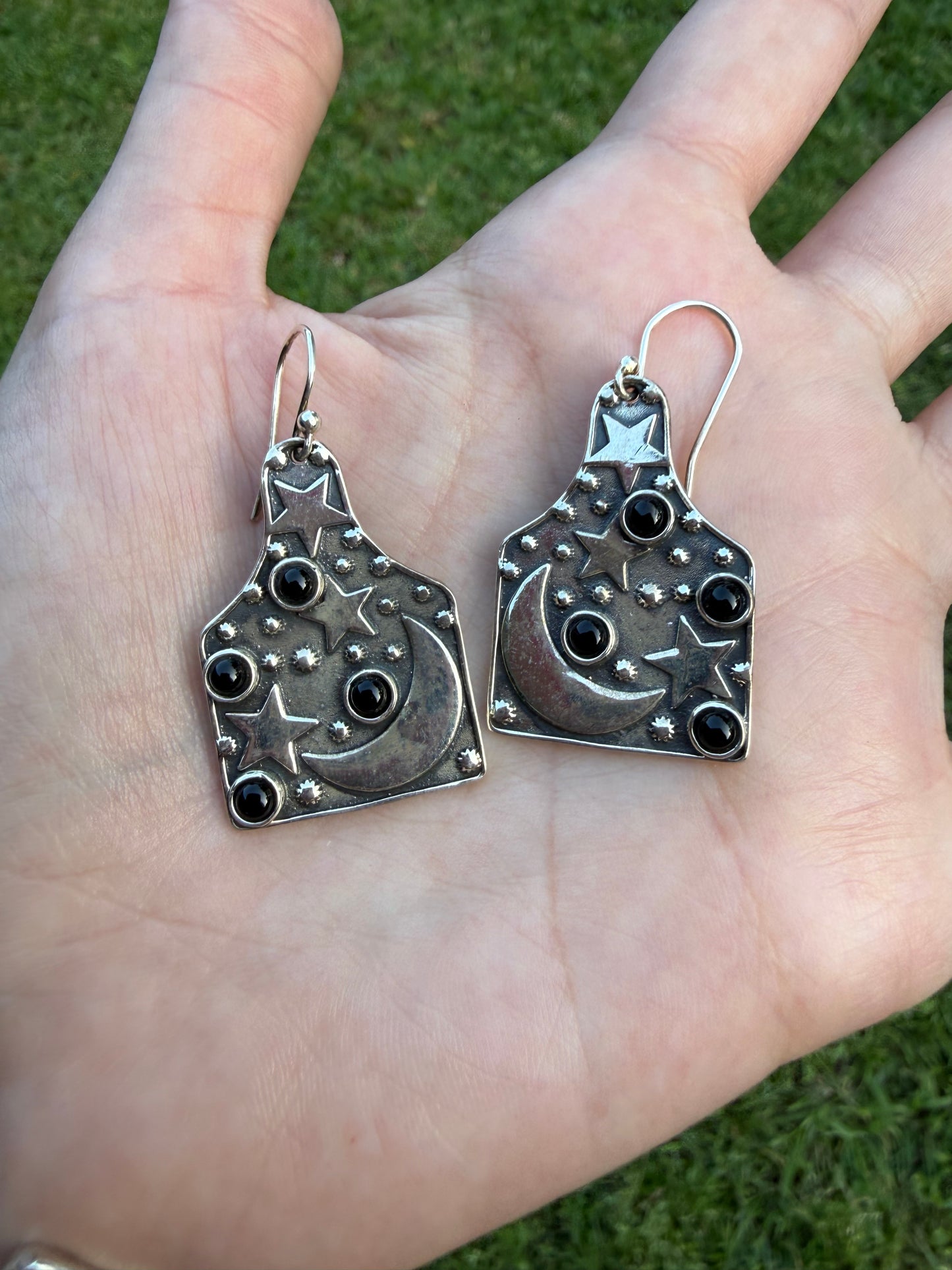 Black Onyx Star and and Moon Cow Tag Style Sterling Silver Earrings
