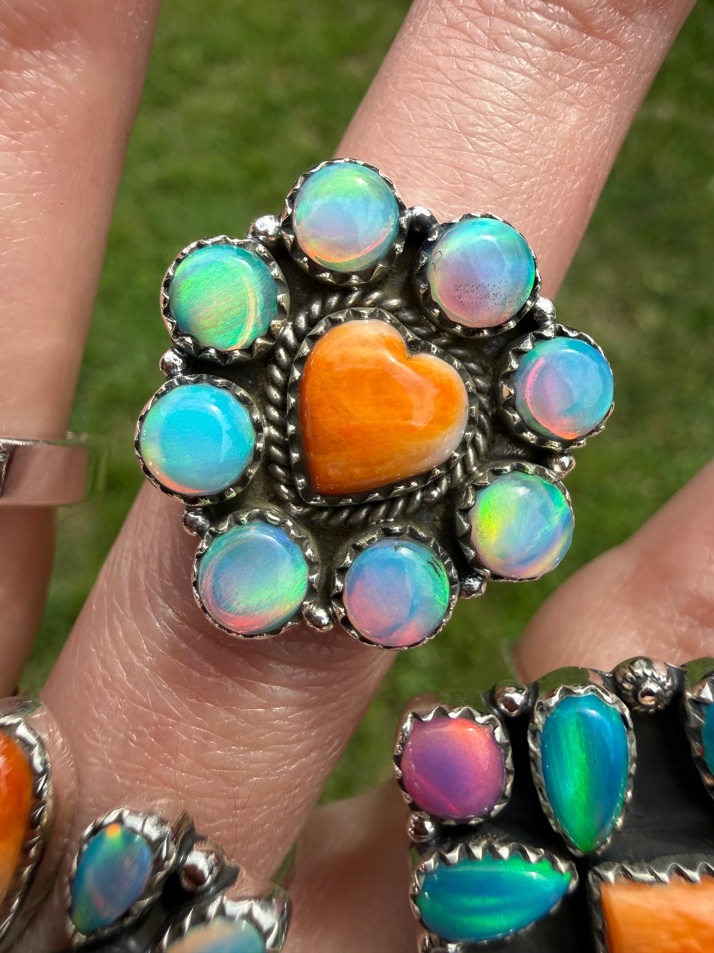 Orange Spiny and Balloon Opal Adjustable Sterling Silver Ring