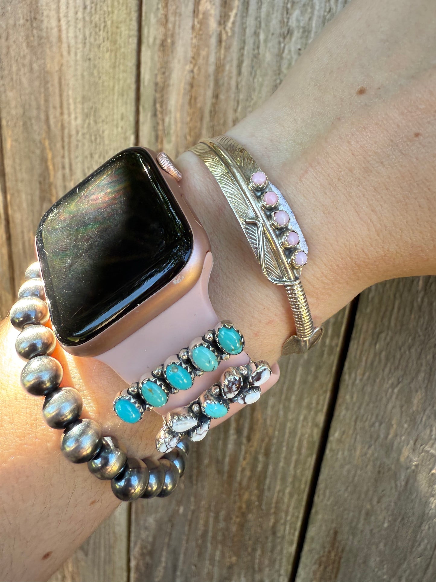 Navajo Pink Conch Feather Sterling Silver Cuff Bracelet by Aaron Davis