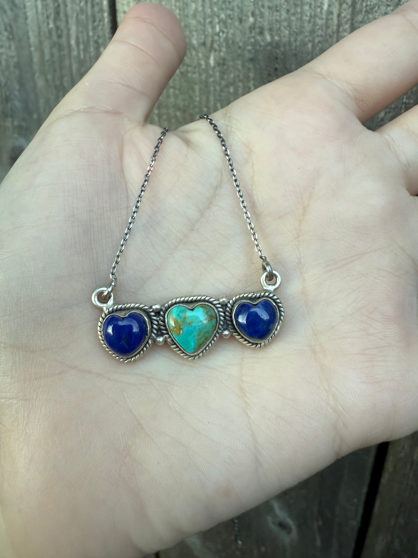 Turquoise and Blue Lapis Triple Heart Bar Sterling Silver Necklace