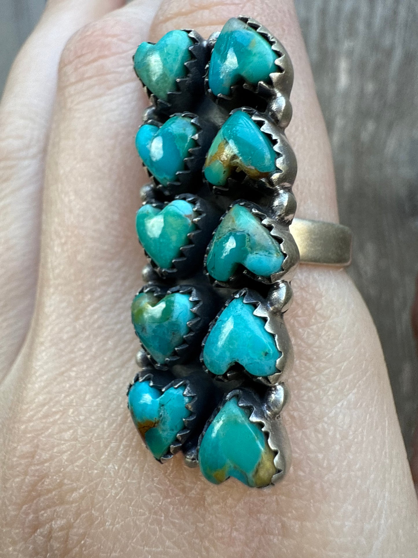 Kingman Turquoise Heart Bar Cluster Sterling Silver Ring