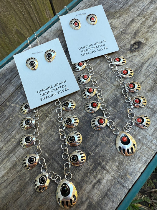 Navajo Bear Paw Petal Style Sterling Silver Necklace and Earring Set