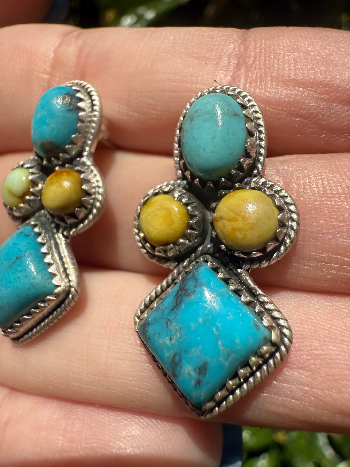 Palomino and Kingman Turquoise Sterling Silver Cluster Diamond Earrings