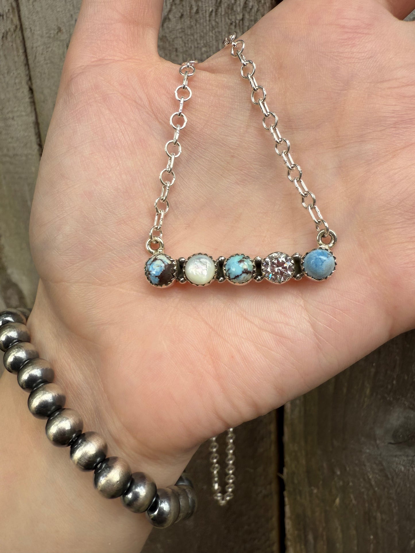 Golden Hills Turquoise, White Shell, and Crystal Bar Sterling Silver Necklace