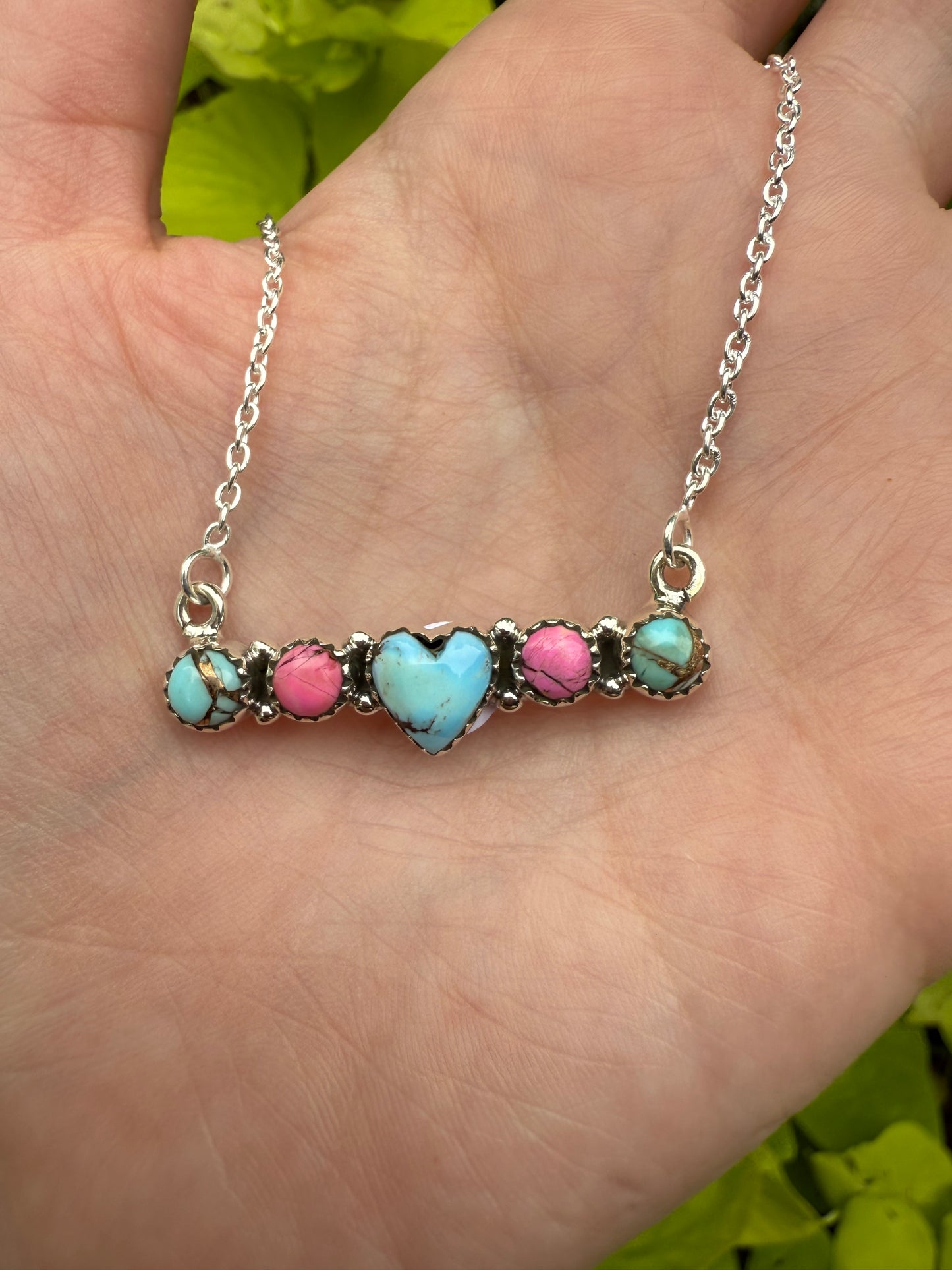 Cotton Candy And Golden Hills TurquoiseHeart Sterling Silver Bar Necklace