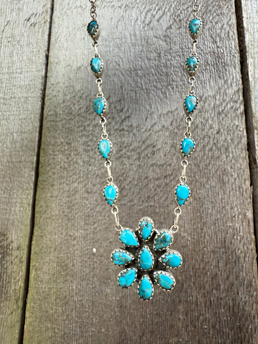 Turquoise Full Flower Lariat Sterling Silver Necklace