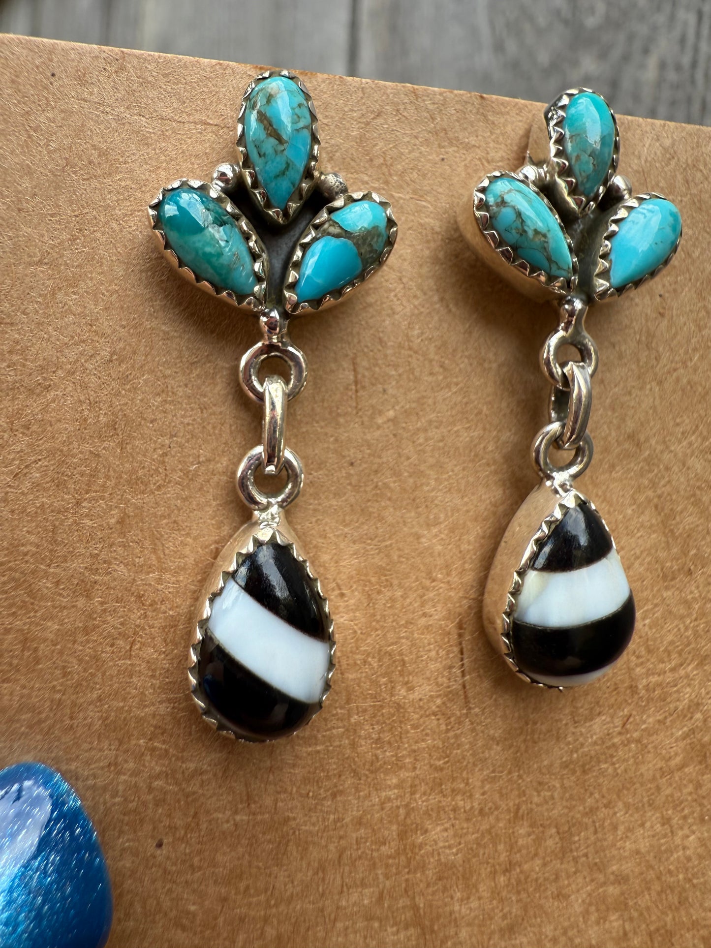 Turquoise with Black And White Strip Dangle 925 Earrings