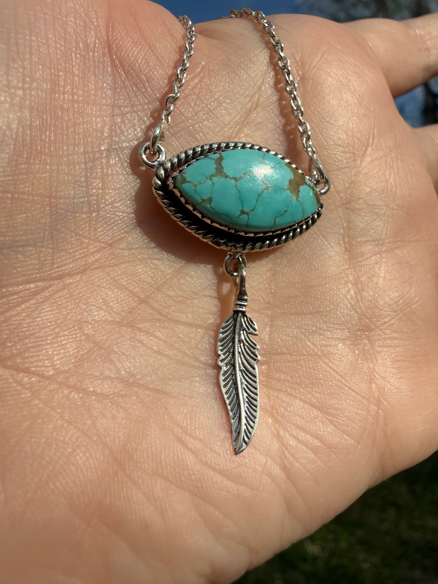 Mine 8 Turquoise With Feather Sterling Silver Necklace