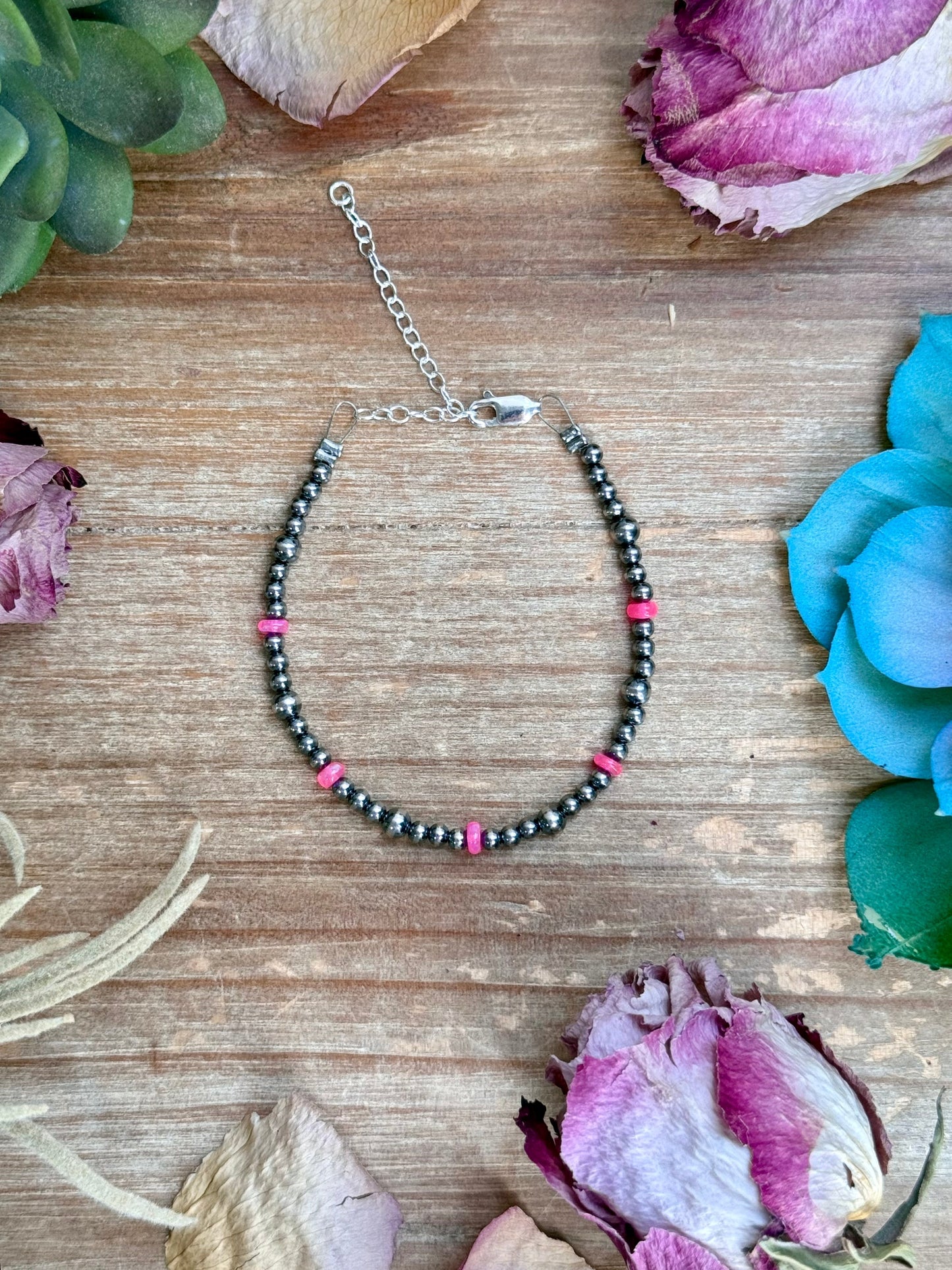 Pink Ethiopian Opal Bracelet – 3–4mm Sterling Silver Pearls